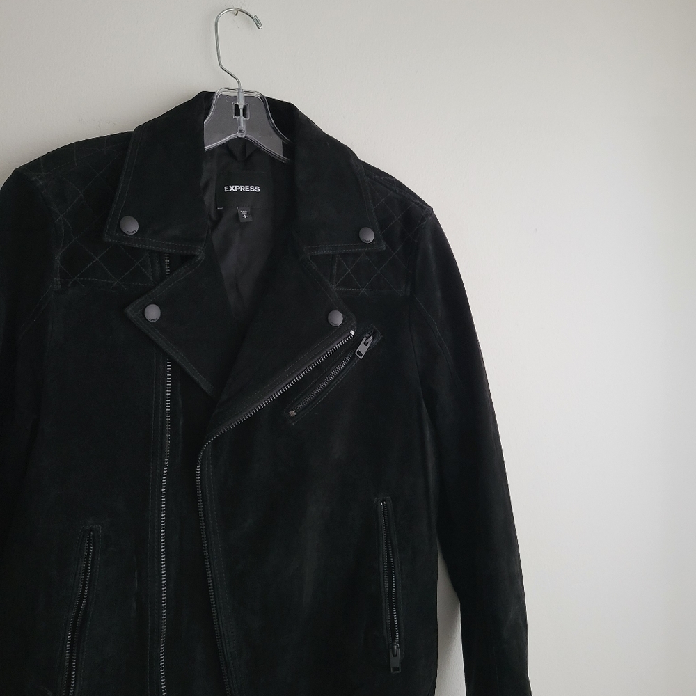 EXPRESS Genuine Black Suede Quilted Biker Bomber Moto Jacket Unisex - Picture 3 of 7